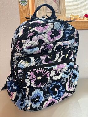 Vera B Large Collegiate Quilted Floral Backpack in Plum Pansies